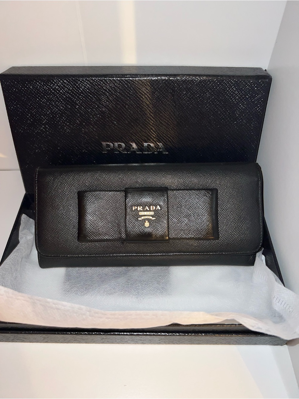 Prada Black Saffiano Leather Bow Continental Wallet